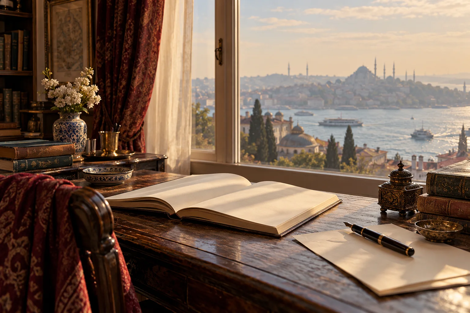 Illustrative literary study overlooking an Istanbul-inspired waterfront